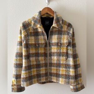 GAP Women's Checkered Teddy Jacket - Gray, Yellow, Cream